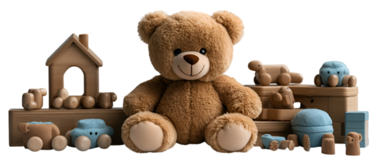 a teddy bear next to a pile of toys