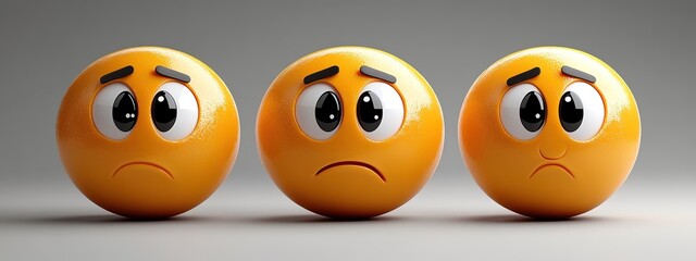 Obraz premium Cheerful Trio of Yellow Emoji Faces Displaying Thoughtful Expressions on a Clear Transparent Background, High-Resolution Digital Artwork.