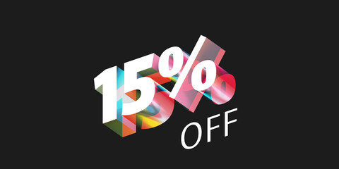 15% off, multicolored 3d text on black background, 3d rendering