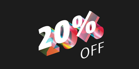 20% off, multicolored 3d text on black background, 3d rendering
