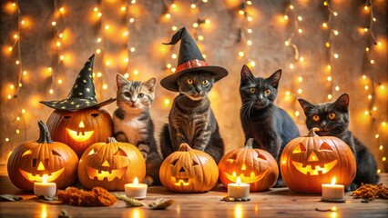 Naklejka premium • Playful black and orange Halloween party vibes captured through colorful photographs of cats wearing witch hats and playing with glowing jack-o-lanterns