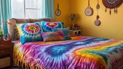 A colorful tie-dye bedspread on a bed, with matching pillows and decor, creating a bohemian vibe