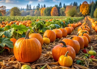 * pumpkin patch with vines and pumpkins in all shapes and sizes