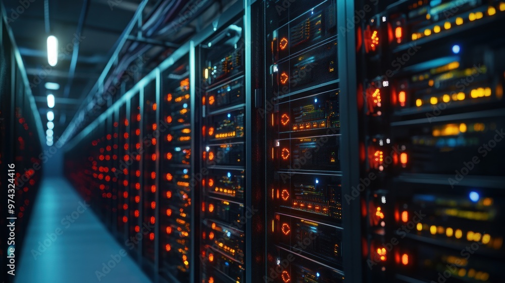 Poster server room with rows of racks