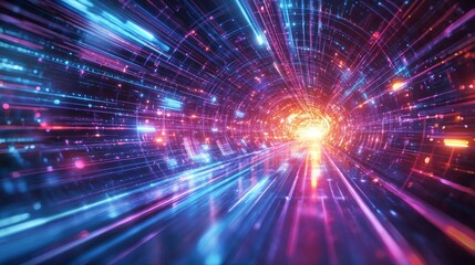 Neon Digital Convergence: Abstract Cyber Tunnel of Innovation.