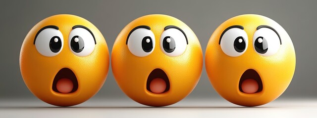 Obraz premium Cheerful Trio of Yellow Emoji Faces Displaying Thoughtful Expressions on a Clear Transparent Background, High-Resolution Digital Artwork.