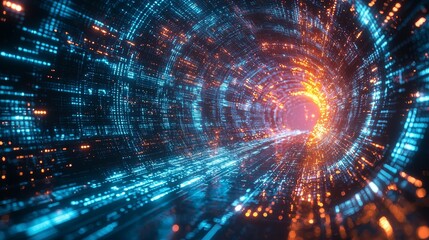 Futuristic Network Immersion: Vibrant Geometric Shapes in Algorithm-Driven Tunnel.