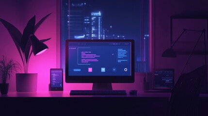 Futuristic Programming Workspace with Neon Lights and City Skyline