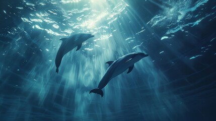 Fototapeta premium Two dolphins swim gracefully underwater, surrounded by light beams and a serene blue ambiance, creating a peaceful scene of marine life.