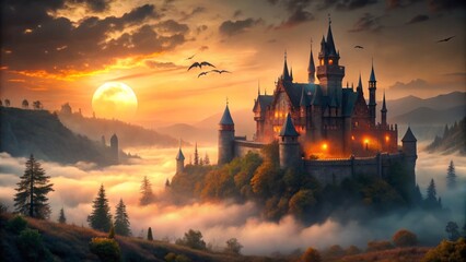 Fototapeta premium Gothic castle halloween scene with mist and fog at sunset