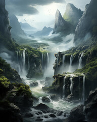 Fototapeta premium Waterfall amidst the valley natural atmosphere