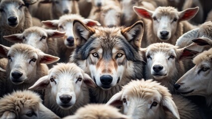 Naklejka premium A wolf hiding among a flock of sheep, waiting for the right moment to act.