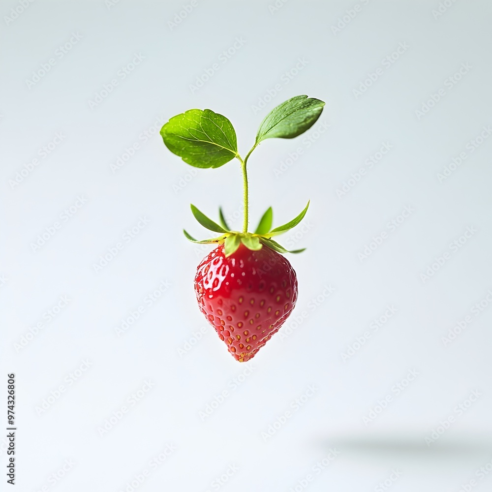 Wall mural germinating strawberry floating on white background