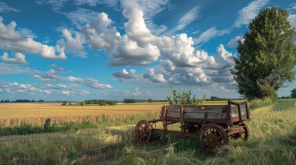 Obraz premium Rustic Wagon Amidst a Golden Wheat Field Under a Blue Sky with Fluffy Clouds