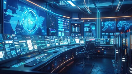 A high-tech control room where AI algorithms are optimizing a smart grid system, visualized with holographic energy flow and real-time data.