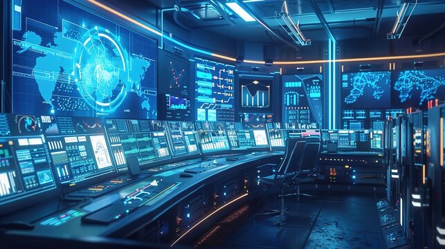 A high-tech control room where AI algorithms are optimizing a smart grid system, visualized with holographic energy flow and real-time data.