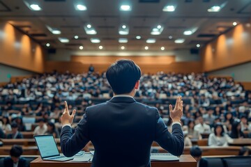 Thai Businessman Giving Lecture to Audience in Modern University Auditorium