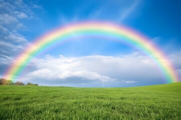 Obraz premium Stunning Rainbow Arch Over Lush Green Meadow with Clear Blue Sky Backdrop