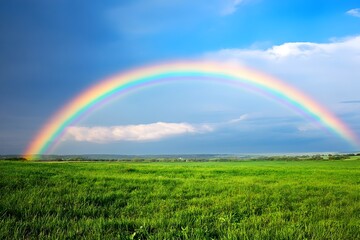 Obraz premium Vibrant Rainbow Arching Over Lush Green Meadow Against Bright Blue Sky