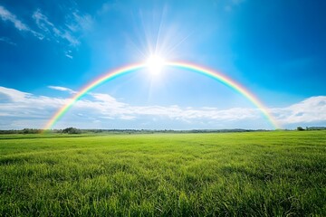 Obraz premium Stunning Rainbow Arch Over Lush Green Meadow and Clear Blue Sky Landscape