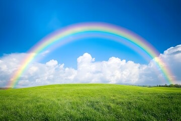 Obraz premium Stunning Rainbow over Lush Green Meadow and Bright Blue Sky with Fluffy Clouds