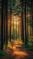 Fototapeta premium Tranquil Pine Forest: Sunlight Filtering Through Dense Canopy