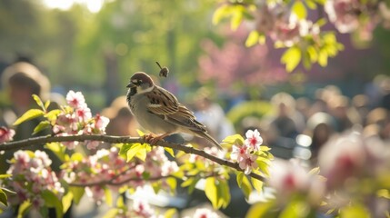 Obraz premium A Sparrow Sits on a Branch Amid Beautiful Cherry Blossoms in a Lively Park Scene