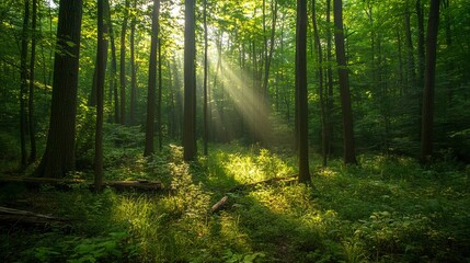 Obraz premium Walking through a forest, you can see sunlight coming through the trees. You're surrounded by plants, tree trunks, twigs, grass, and different shades of wood.