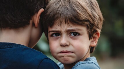 Obraz premium A young boy shows a concerned expression while standing close to another child in an outdoor setting during the afternoon