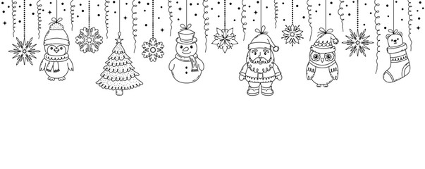 Christmas garland with doodle style toys on white background.