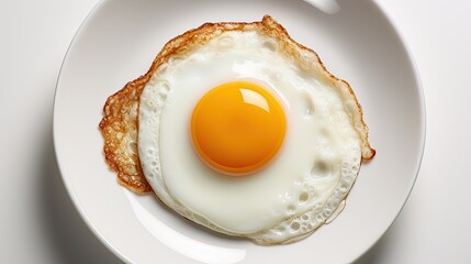 One fried egg on white plate isolated on white background 
