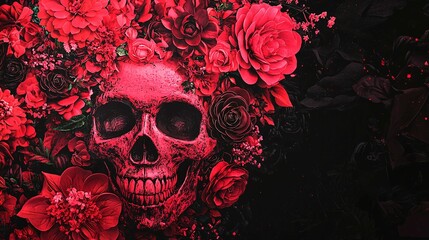 A red skull is enveloped by dark red flowers against a stark black background, creating a striking and eerie visual contrast.