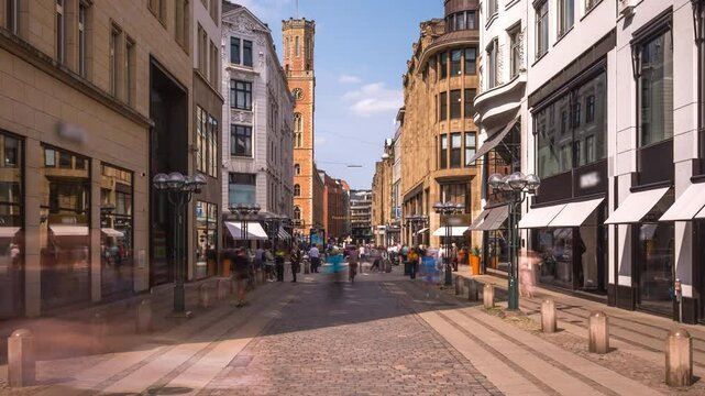 Shopping street hamburg main sqaure time lapse hyperlapse peopke shopping walking downtown hamburg germany.
