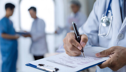 Healthcare professional holding black pen and placing his hand on top of report, decision making and problem solving with a blurred background of medical staff in a hospital. 
