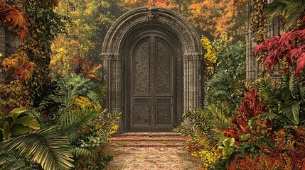 Fototapeta premium Intricate stone doorway set within a lush, colorful garden filled with autumn foliage, creating a mystical and enchanting atmosphere
