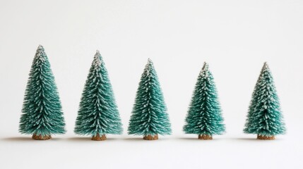 Fototapeta premium Decorative miniature evergreen trees arranged in a line, showcasing vibrant green foliage and snow-tipped branches