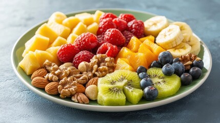 Colorful Fruit and Nut Platter for a Healthy Snack or Dessert