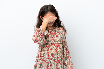 Little caucasian girl isolated on white background with headache