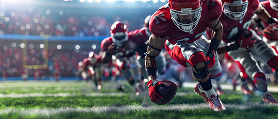 A football player wearing a red jersey is running with a football