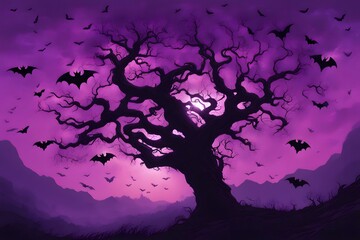 Fototapeta premium Gnarled tree silhouette imposing branches teeming with bats in mid flight backdrop of a luminous purple color, Ai Generated
