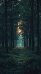 Fototapeta premium Enchanting Dusk in Moody Forest with Shadowy Silhouettes and Gentle Horizon Glow