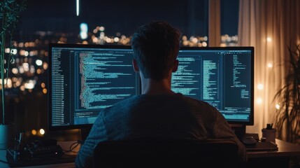 Programmer Working Late at Night with Cityscape View