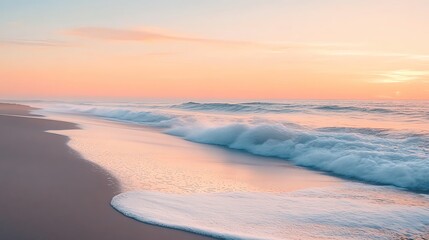 A tranquil beach scene at sunset, featuring gentle waves and pastel skies, perfect for relaxation and calm moments.