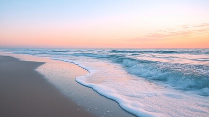 A tranquil beach scene featuring gentle waves and a pastel sunset sky, evoking a sense of calm and relaxation.