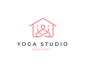 Yoga studio wellness home logo with clean and elegant lines style design vector illustration
