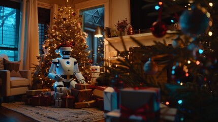 Futuristic robot Santa Claus delivers gifts in a cozy living room decorated for Christmas