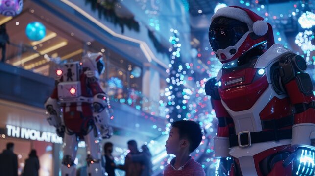 Futuristic Santa Claus greets children at a holiday event in a vibrant shopping mall