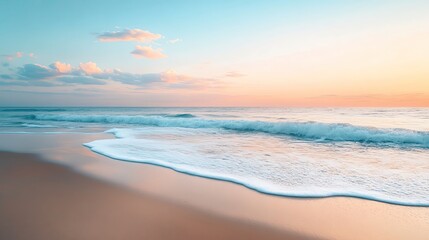 Tranquil beach scene at sunset with gentle waves, soft sand, and a serene sky. Perfect for relaxation and nature-themed projects.