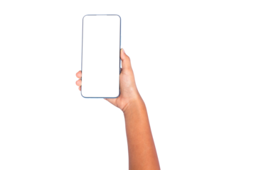 A girl's hand holds a separate smartphone on a white background, cutting the path. Content, do not let the child play with the phone too much.