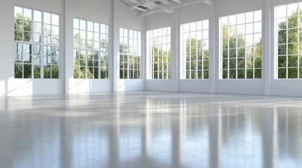 Obraz premium empty room with white walls, polished concrete floors, and large windows allowing natural light to flood